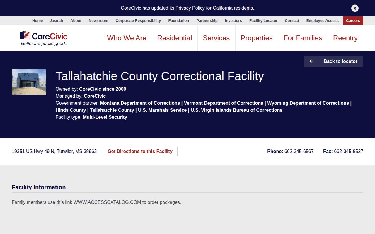 Tallahatchie County Correctional Facility booking-record source page